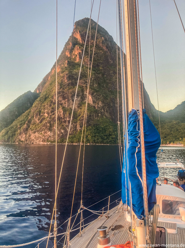 SY Montana, Swan 48 anchoring beneath the Pitons, St. Lucia on sailing vacation trip
